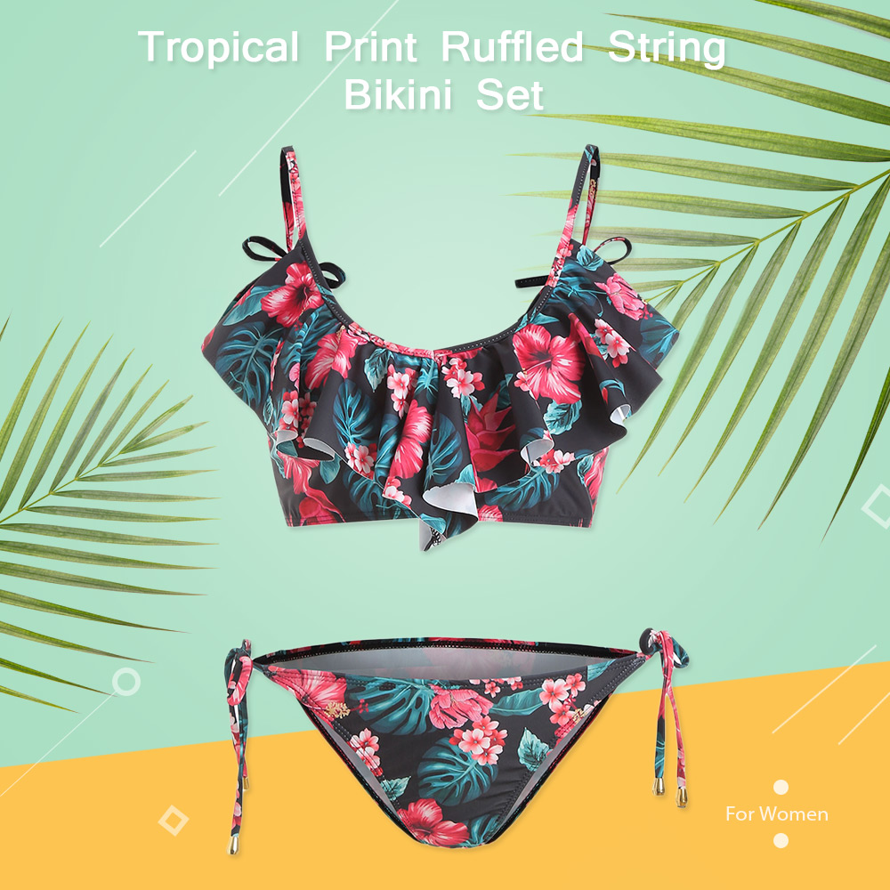Tropical Print Ruffled String Bikini Set