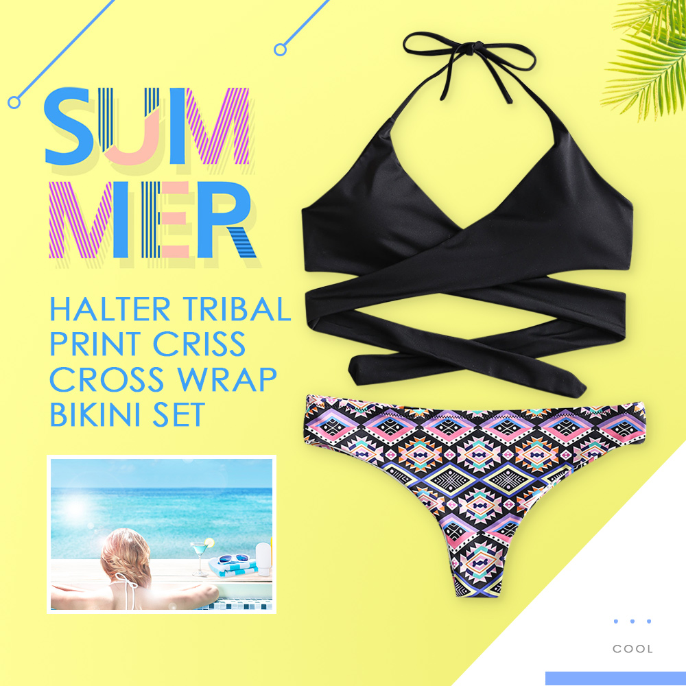 Halter Tribal Print Criss Cross Wrap Bikini Set