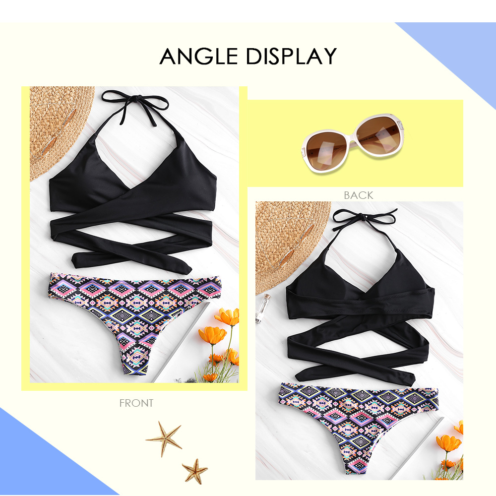 Halter Tribal Print Criss Cross Wrap Bikini Set