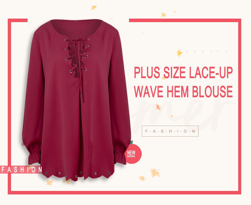 Plus Size Wave Cut Lace Up Blouse