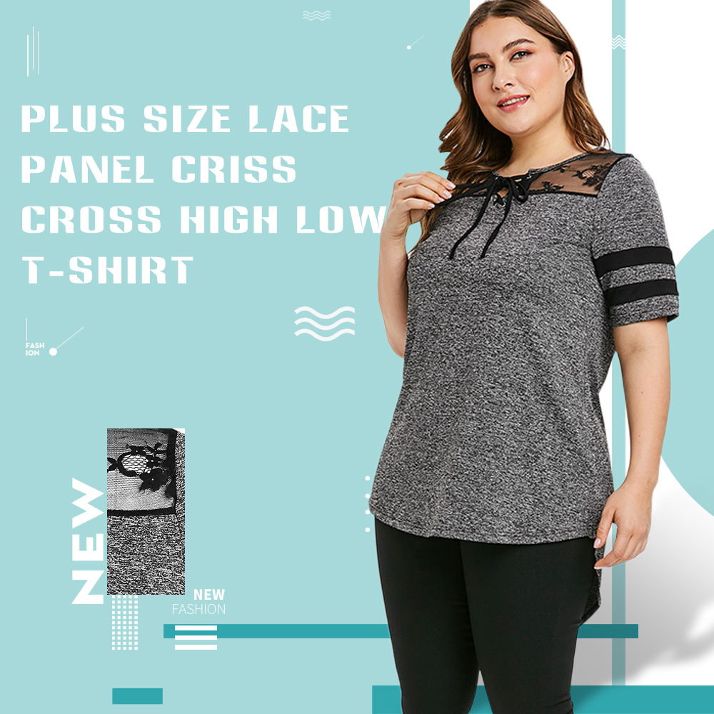 Plus Size Lace Panel Criss Cross T-shirt