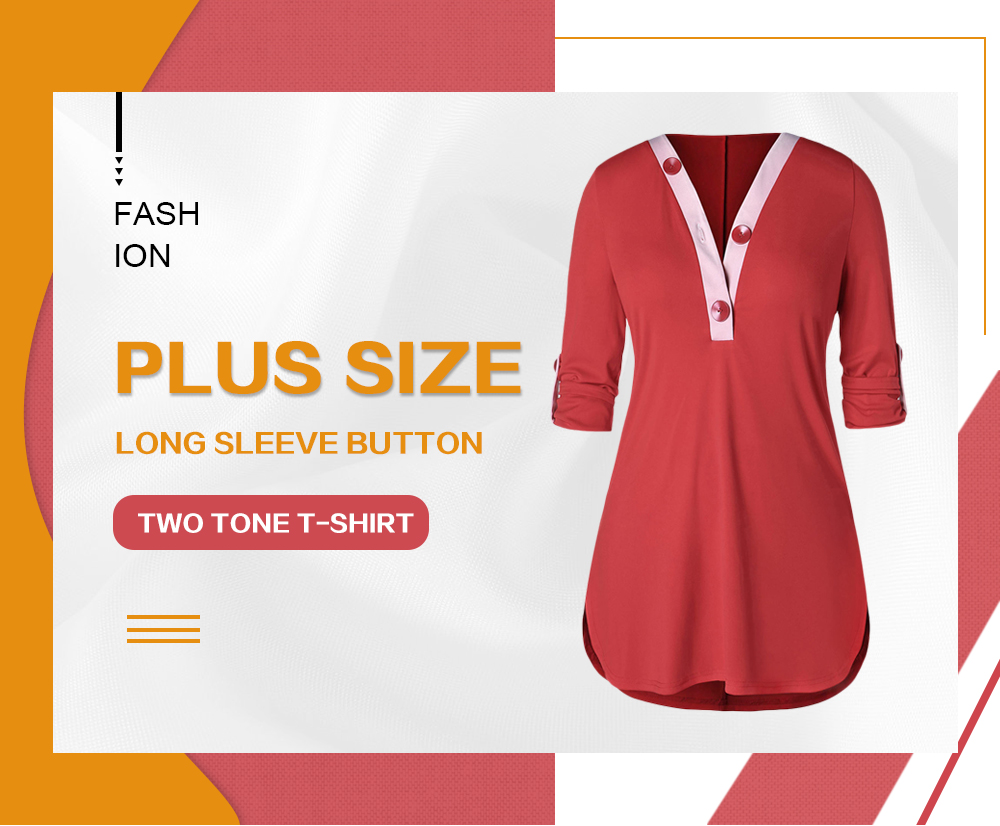 Plus Size Long Sleeve Button Two Tone T-shirt