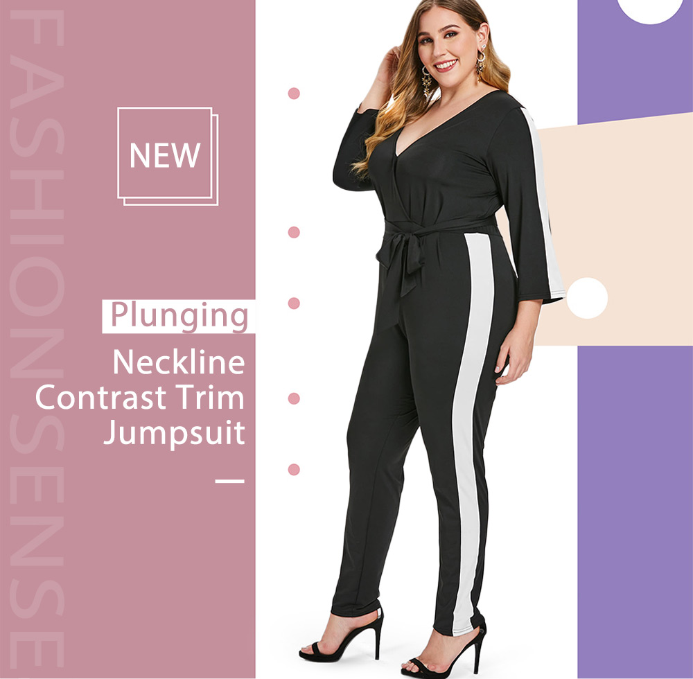 Plus Size Plunging Neckline Contrast Trim Jumpsuit