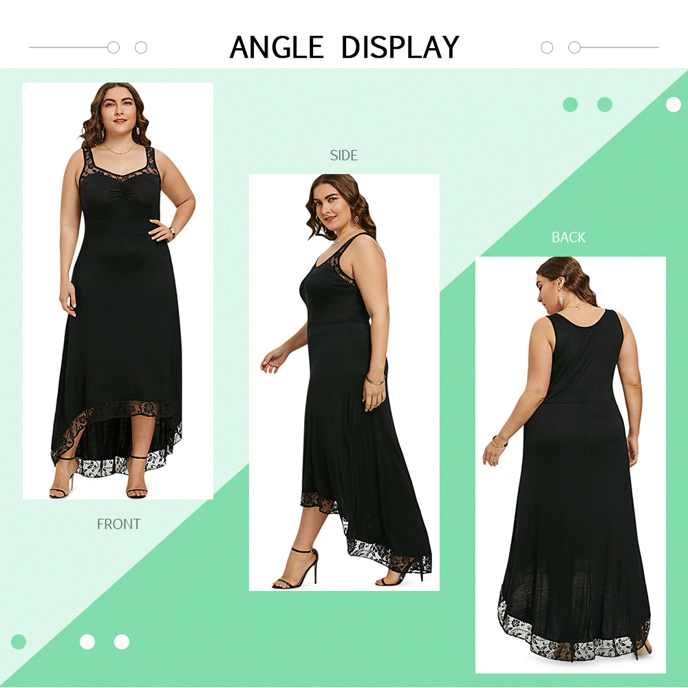 Plus Size Square Neck Spliced Lace Sleeveless Solid Color High-low Women Maxi Dress
