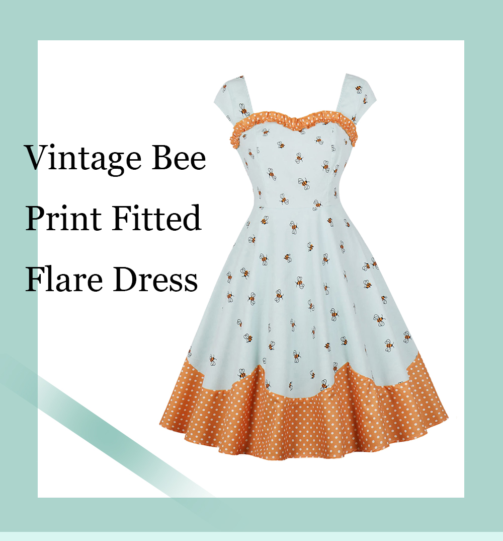 Vintage Bee Print Dotted Pin Up Dress