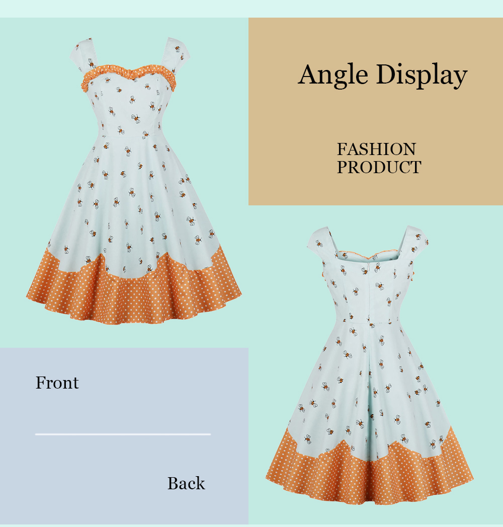 Vintage Bee Print Dotted Pin Up Dress