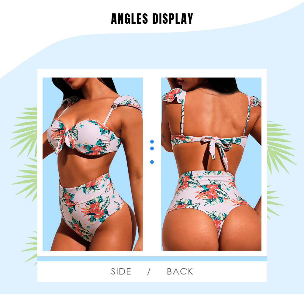 Floral Print High Waist Front Knot Bikini Set