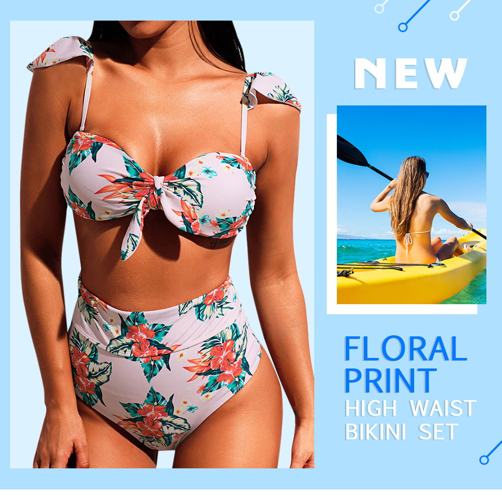 Floral Print High Waist Front Knot Bikini Set