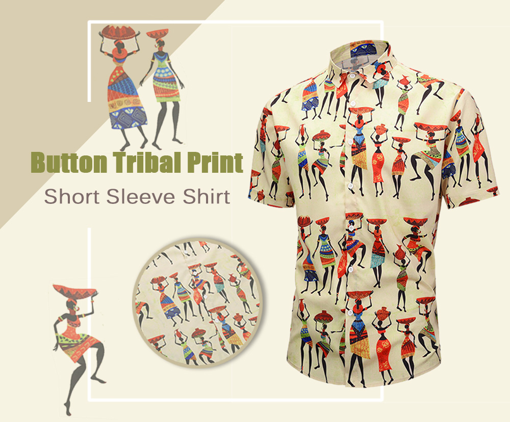 Cartoon Tribal Women Print Short Sleeve Button Shirt