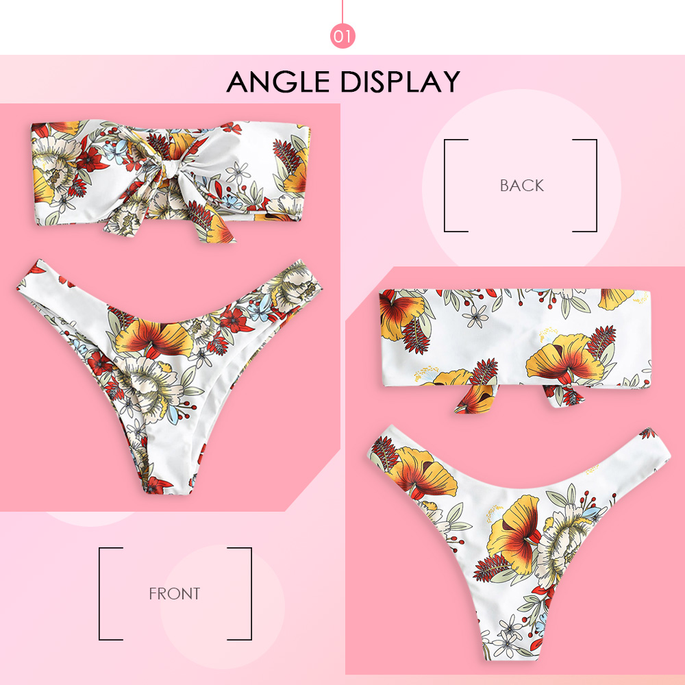 Strapless Floral Print Padded Bowknot Low Waist Women Bikini Set