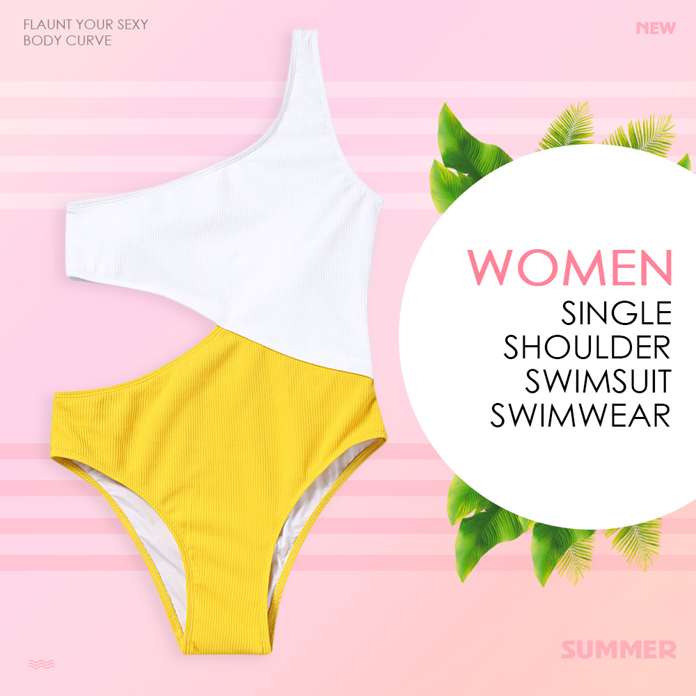 Single Shoulder Patched Cut Out Women Swimsuit Swimwear