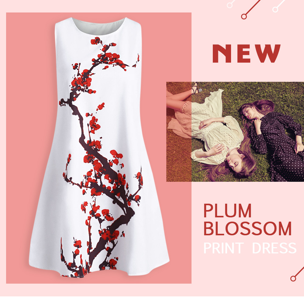 Plum Blossom Print Sleeveless Dress