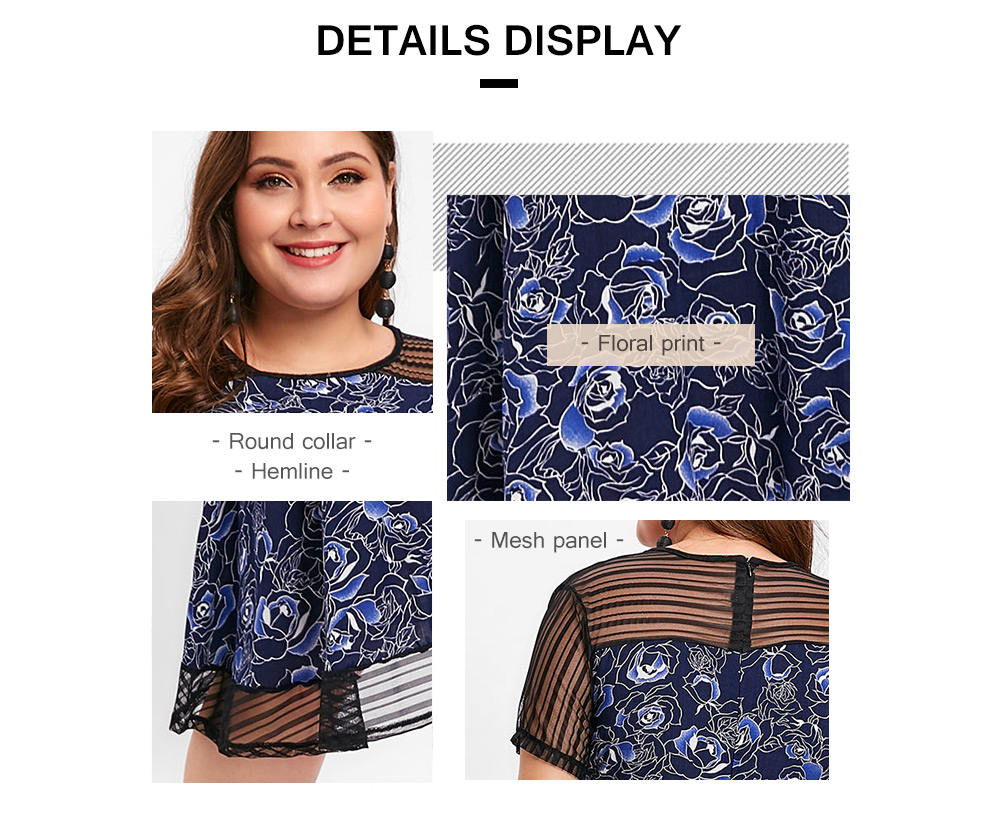 Plus Size Mesh Panel Floral Print A Line Dress