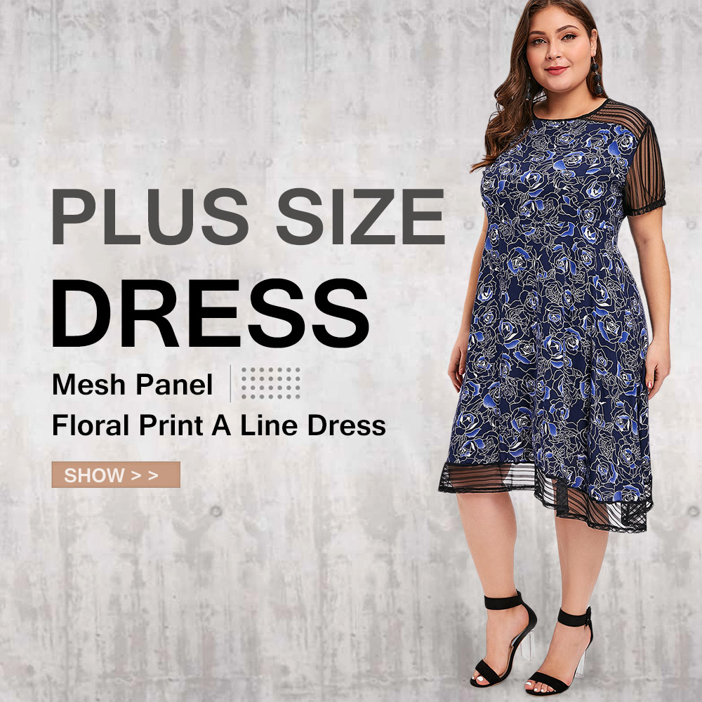Plus Size Mesh Panel Floral Print A Line Dress