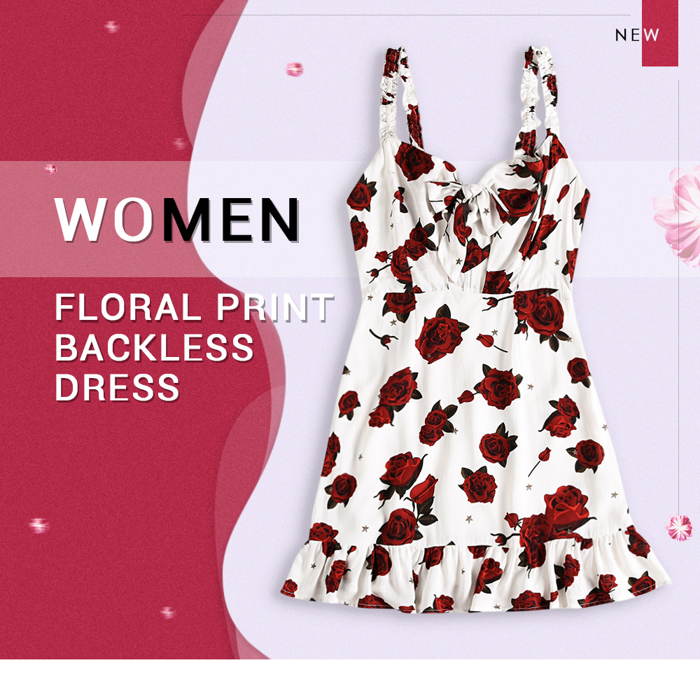 Women Sexy Party Floral Print Tie Front Backless Dress