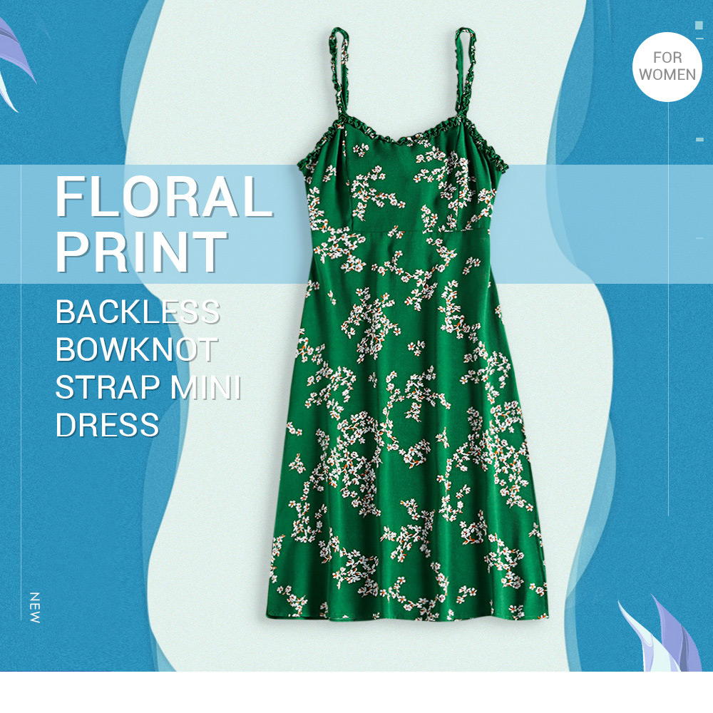 PASSOSIE Women Floral Print Backless Bowknot Strap Dress