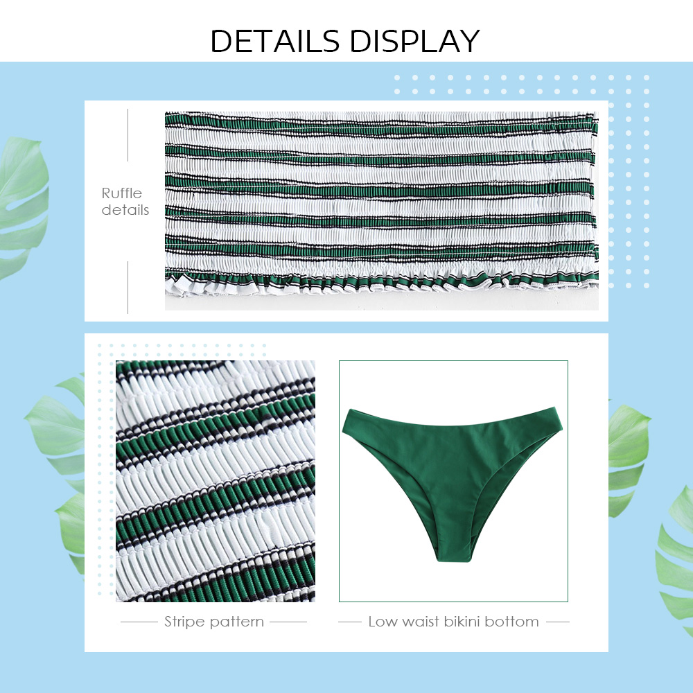 Strapless Backless Stripe Ruffle Shirring Low Waist Two-piece Swimsuit Women Bikini Set
