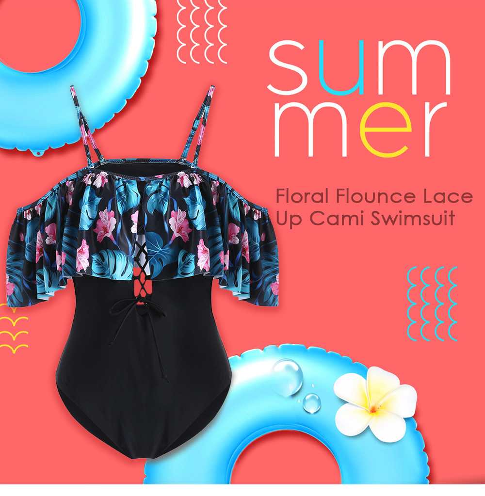 Flower Lace Up Cold Shoulder Swimsuit