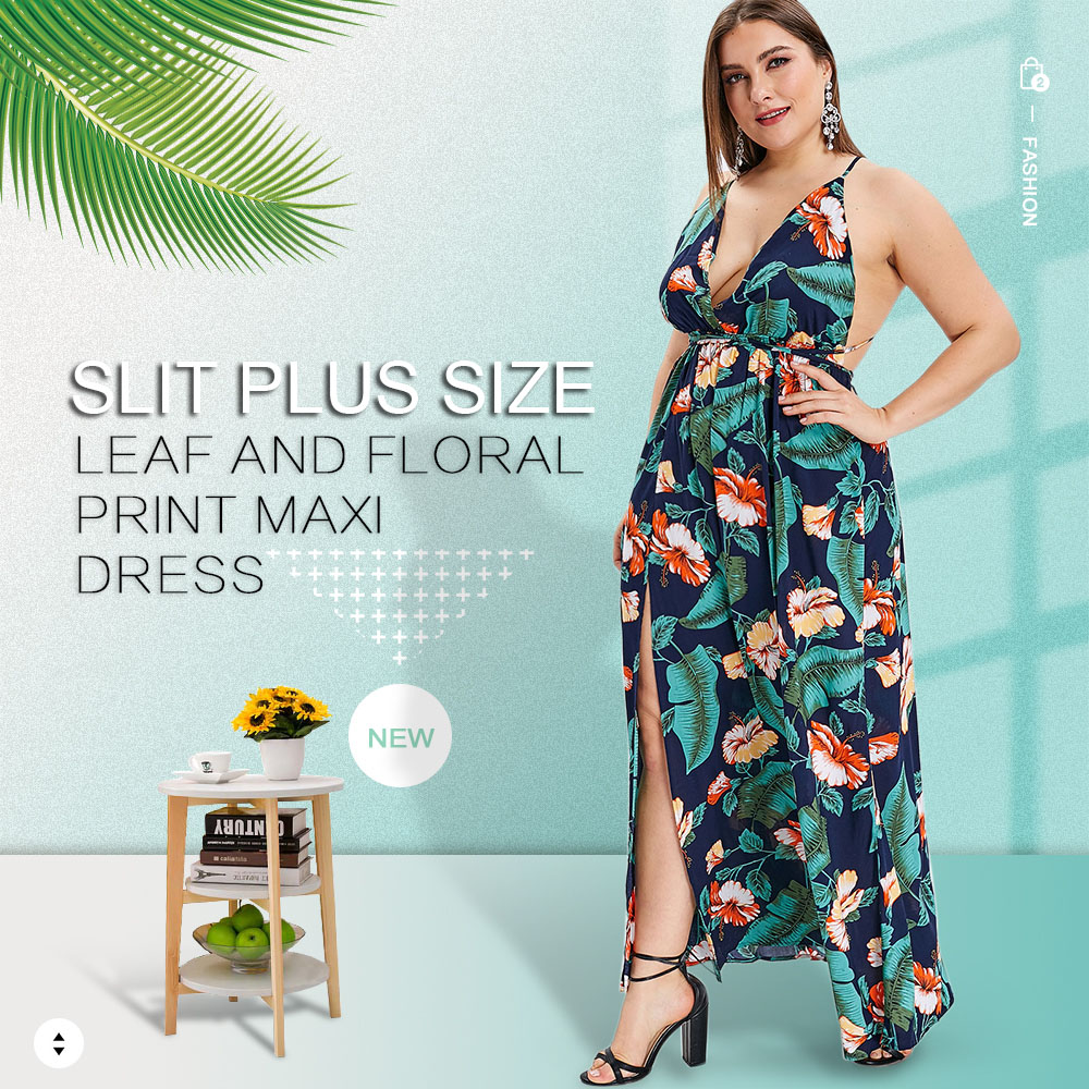 Plus Size Leaf and Floral Print Halter Neck Maxi Dress