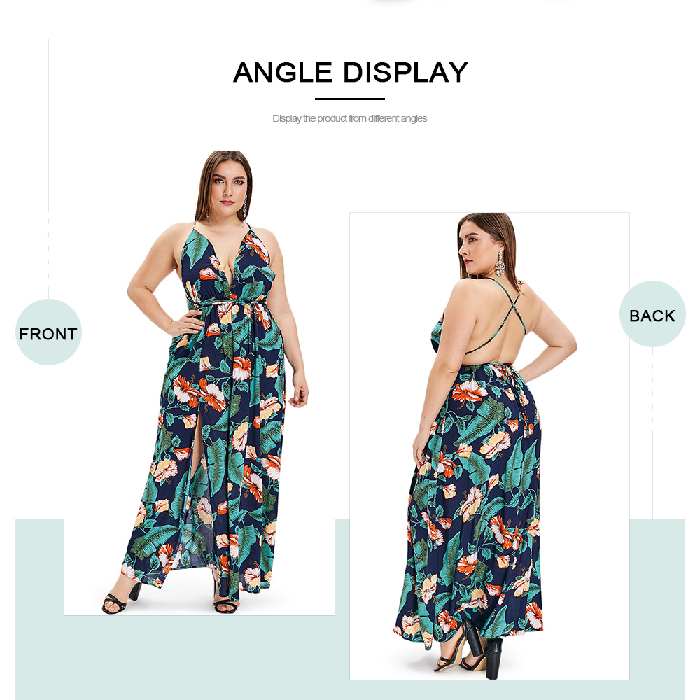 Plus Size Leaf and Floral Print Halter Neck Maxi Dress