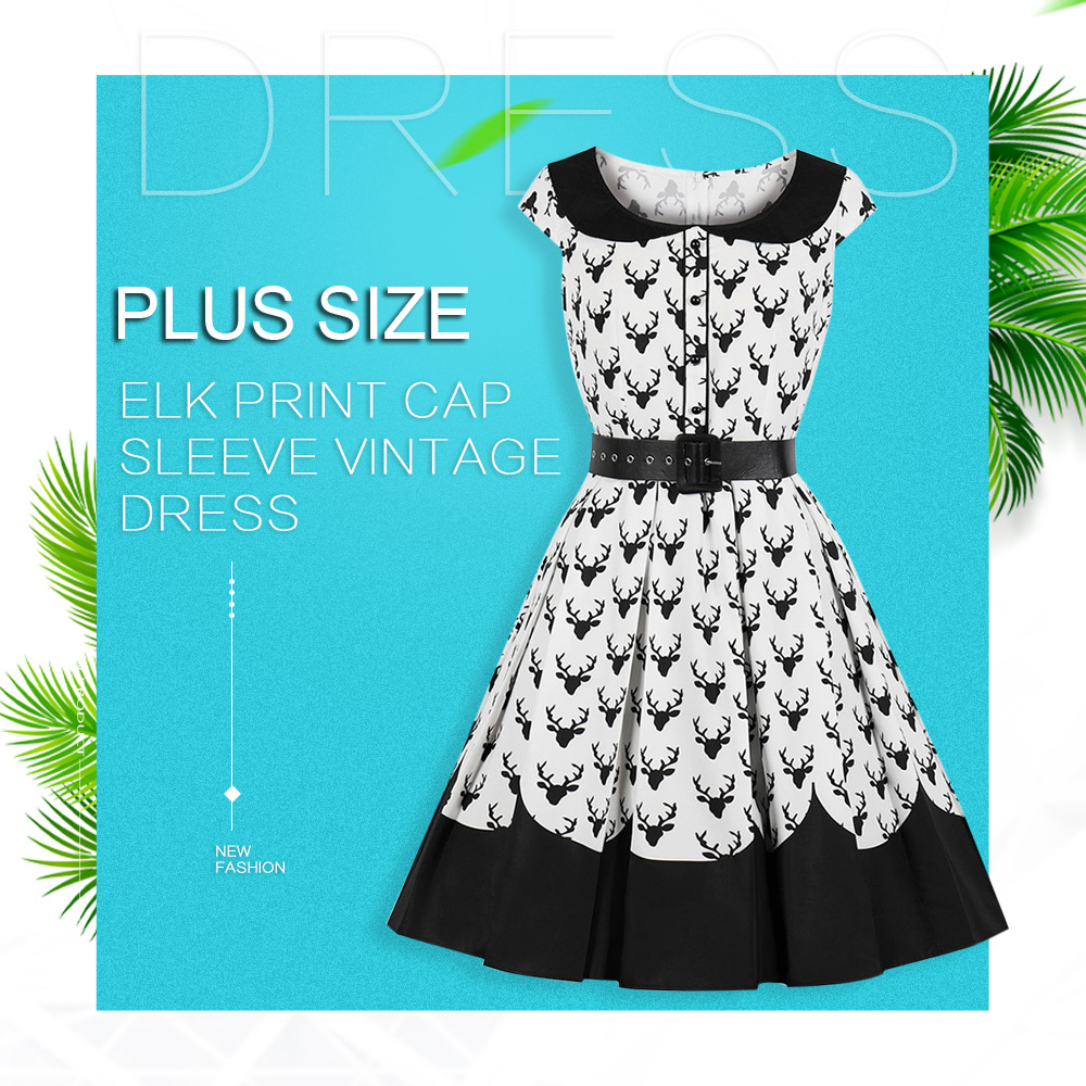 Plus Size Elk Print Cap Sleeve Vintage Dress