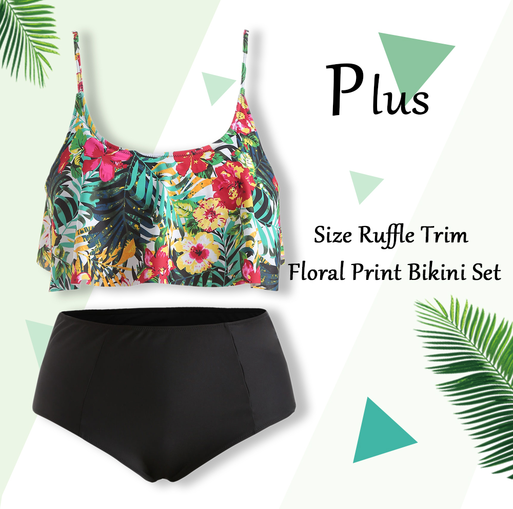 Plus Size Ruffle Trim Floral Print Bikini Set