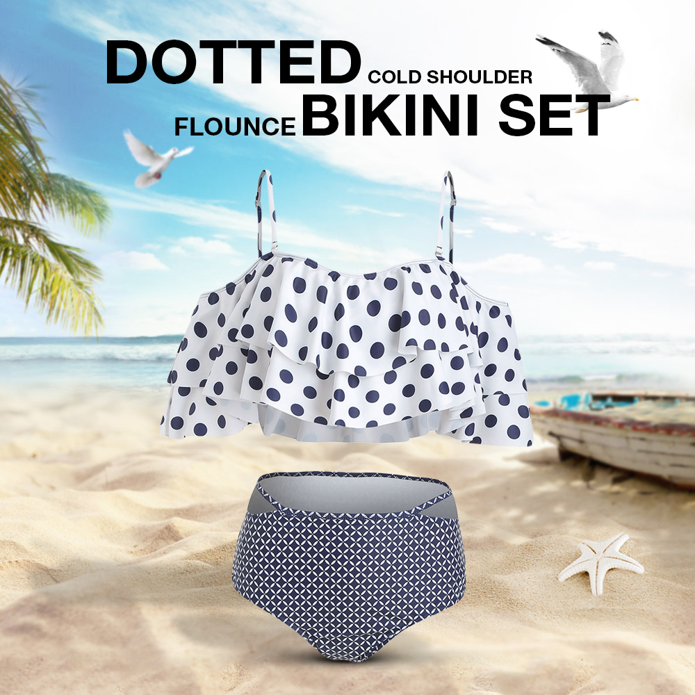 Polka Dot Cold Shoulder Flounce Bikini Set