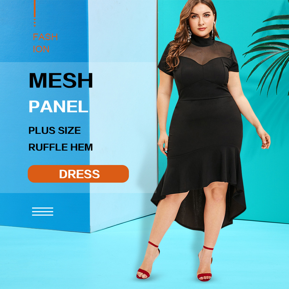 Mesh Panel Plus Size High Low Dress