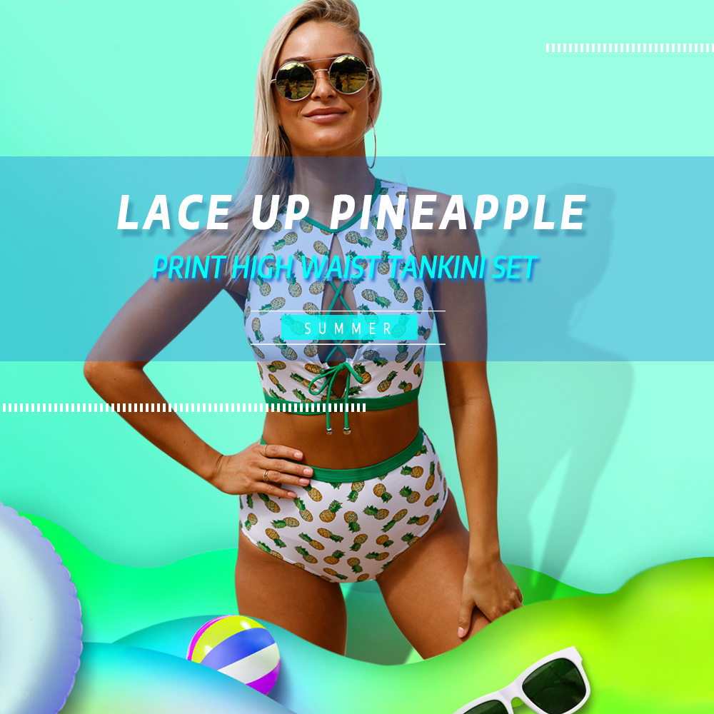 Lace Up Plunge Pineapple Print Tankini Set