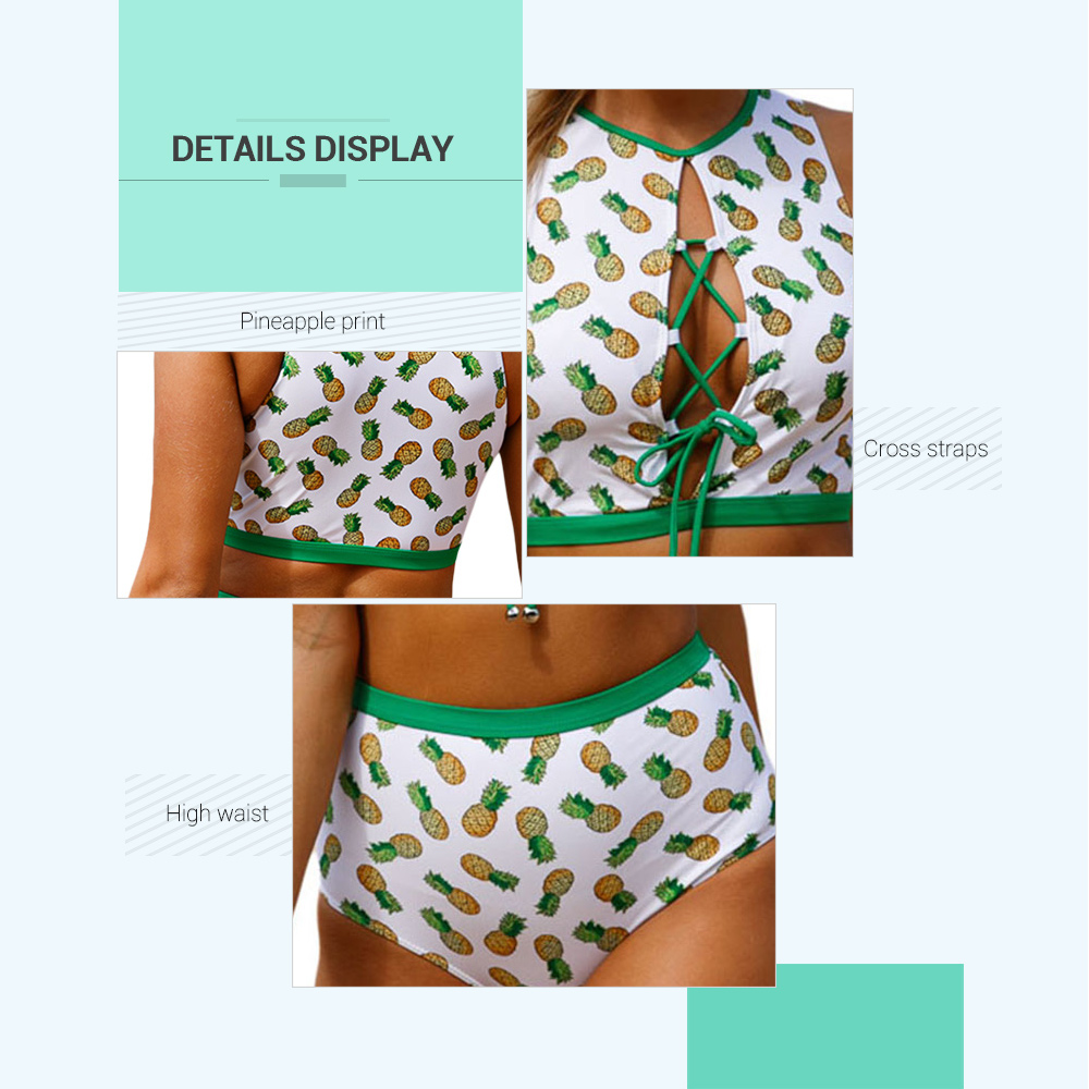 Lace Up Plunge Pineapple Print Tankini Set