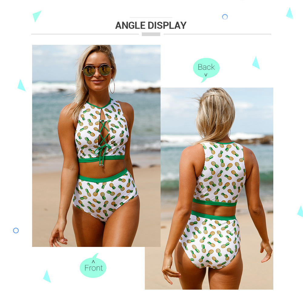 Lace Up Plunge Pineapple Print Tankini Set