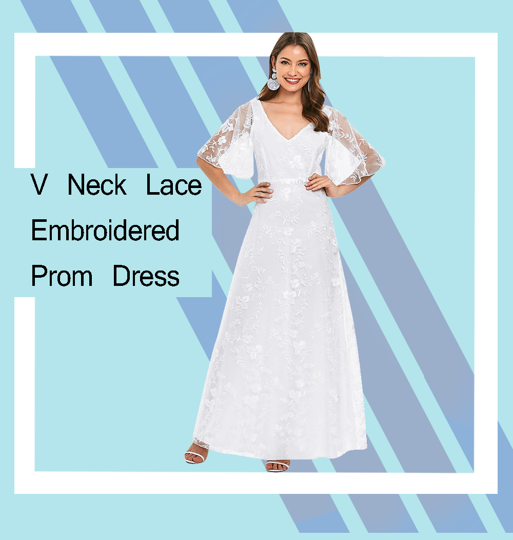 V Neck Lace Maxi Party Dress