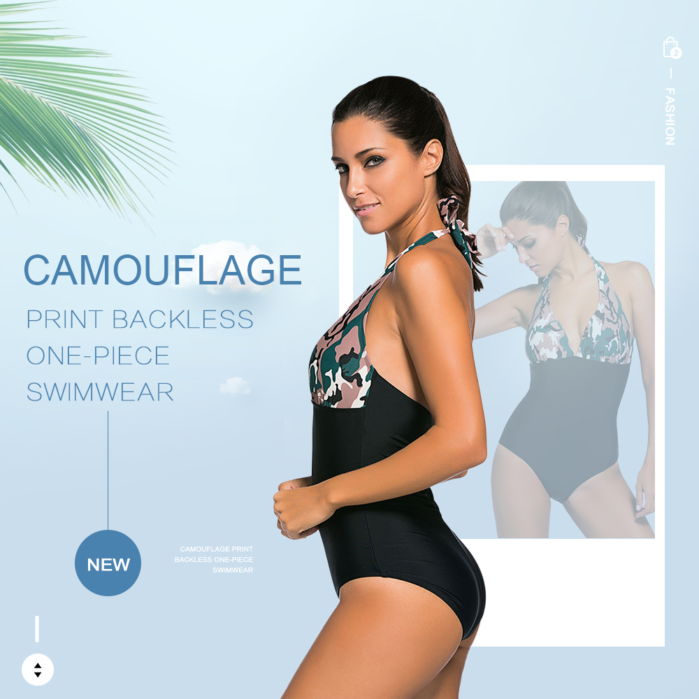 Camouflage Print Backless One-piece Swimwear