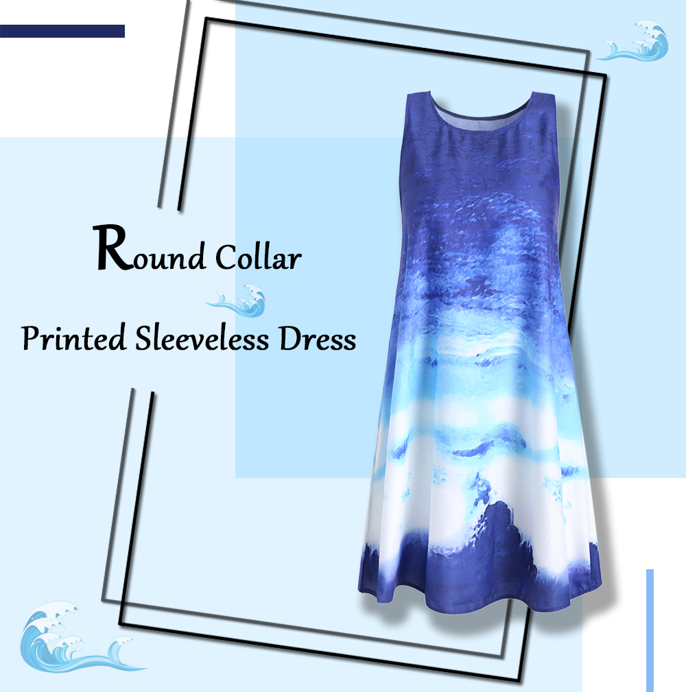 Round Collar Printed Sleeveless Dress