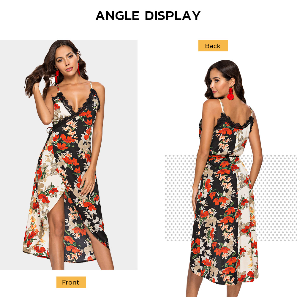 Eyelash Lace Panel Floral Print Wrap Dress