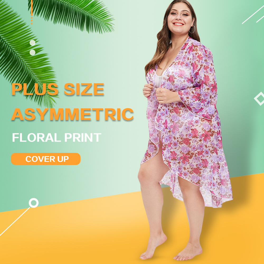 Plus Size Asymmetric Open Front Floral Cover Up Dress