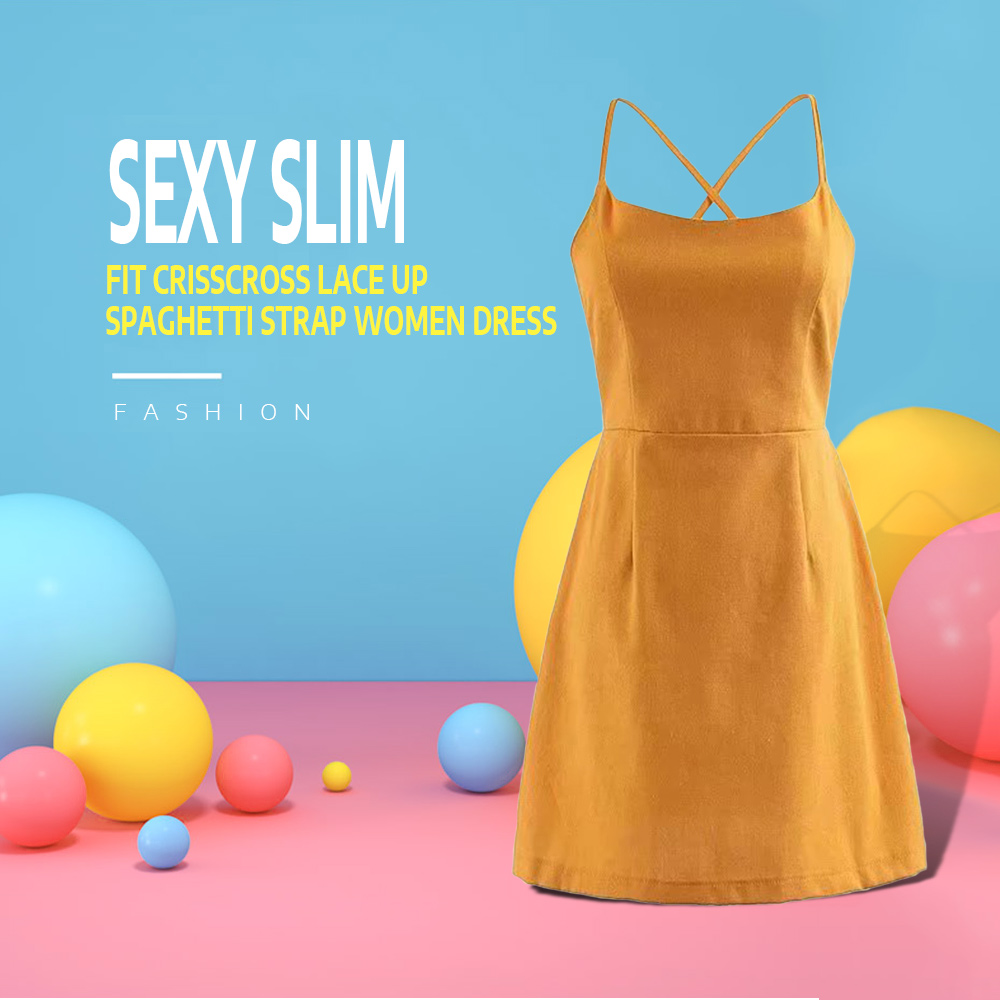 Sexy Slim Fit Crisscross Lace Up Spaghetti Strap Women Dress