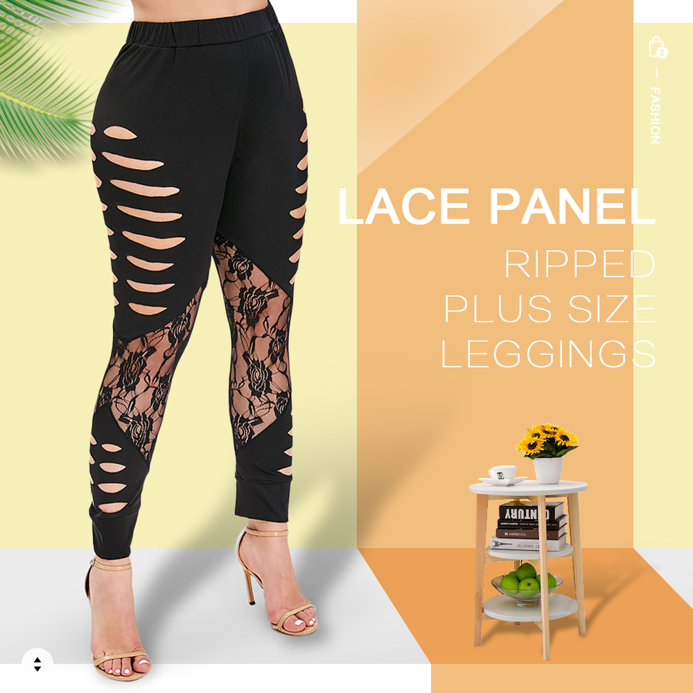 Lace Panel Ripped Plus Size Leggings