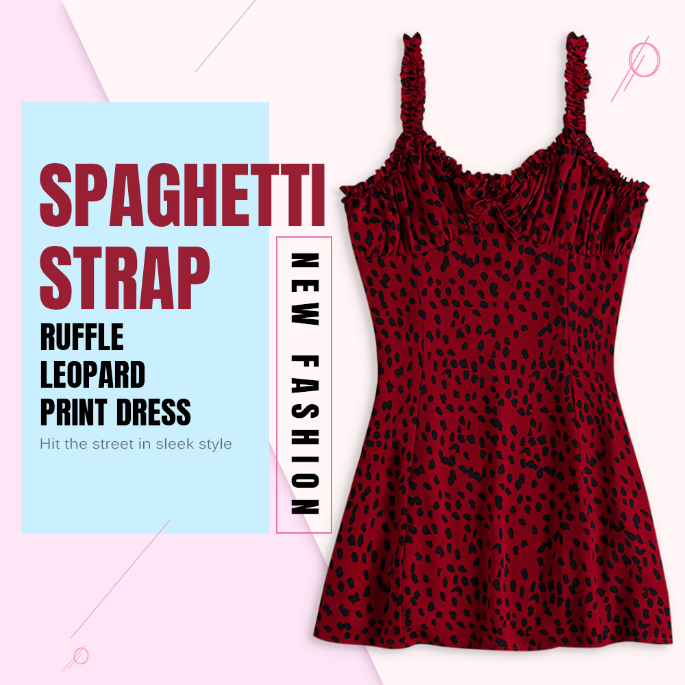 Spaghetti Strap Ruffle Backless Bowknot Sexy Print A-line Women Slip Dress