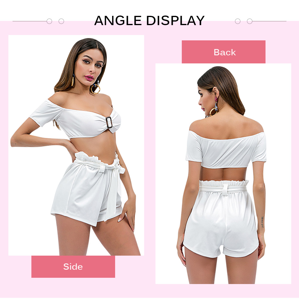 Off The Shoulder Short Sleeve Buckled Crop Top Belted Shorts Women Two-piece Set