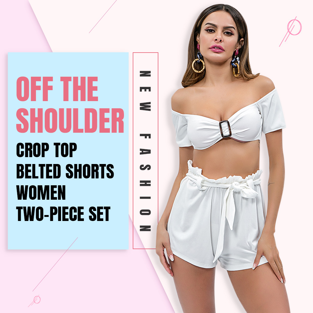 Off The Shoulder Short Sleeve Buckled Crop Top Belted Shorts Women Two-piece Set