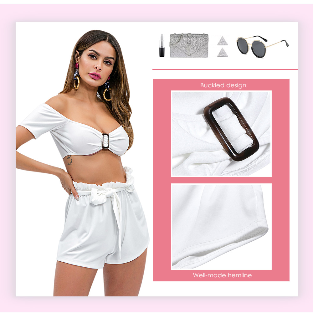 Off The Shoulder Short Sleeve Buckled Crop Top Belted Shorts Women Two-piece Set
