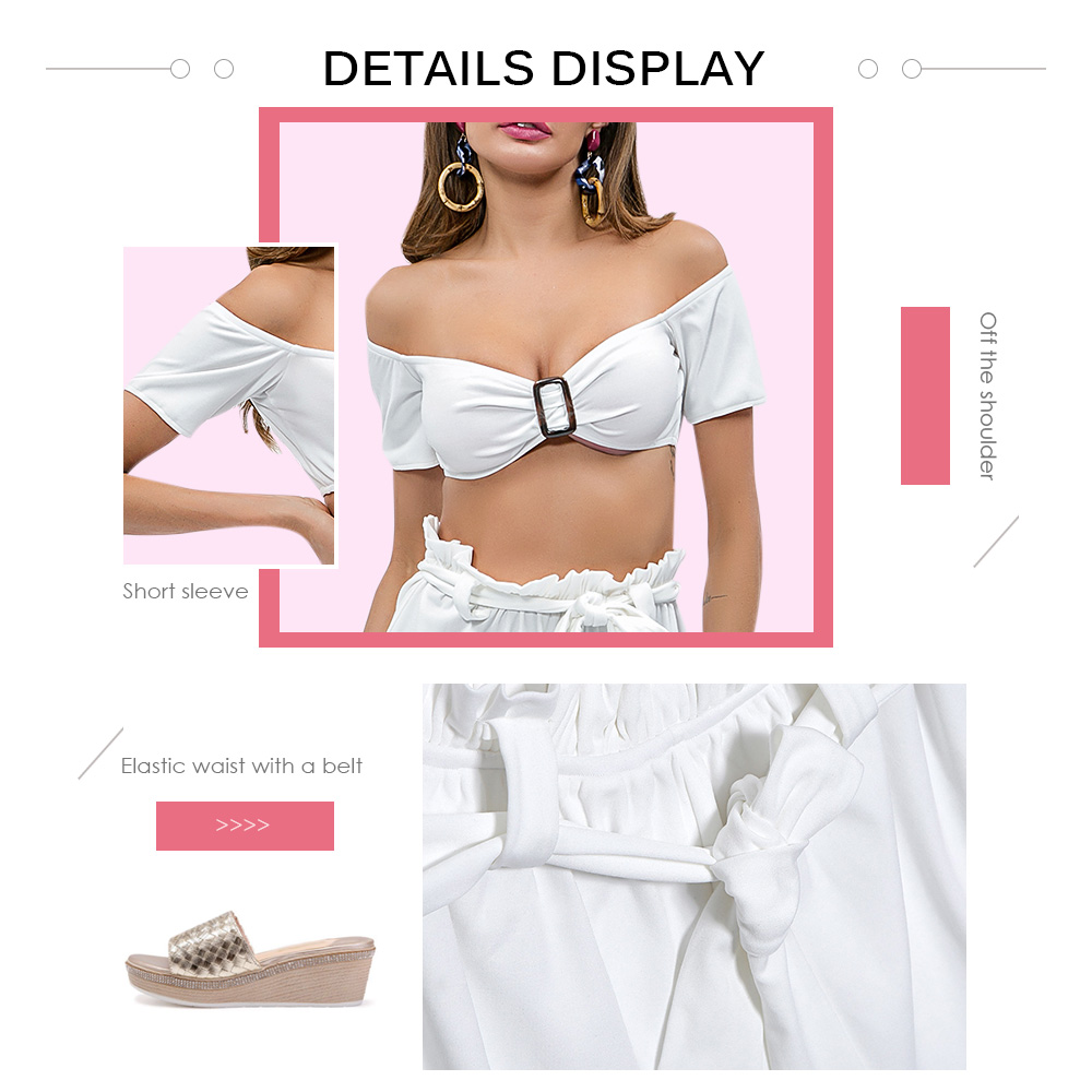 Off The Shoulder Short Sleeve Buckled Crop Top Belted Shorts Women Two-piece Set