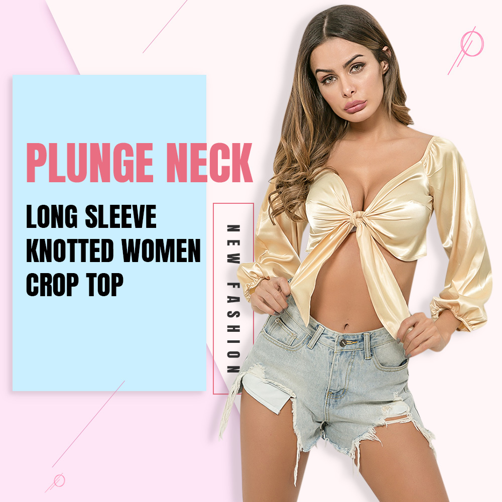 Sexy Plunge Neck Elastic Long Sleeve Knotted Solid Color Women Crop Top