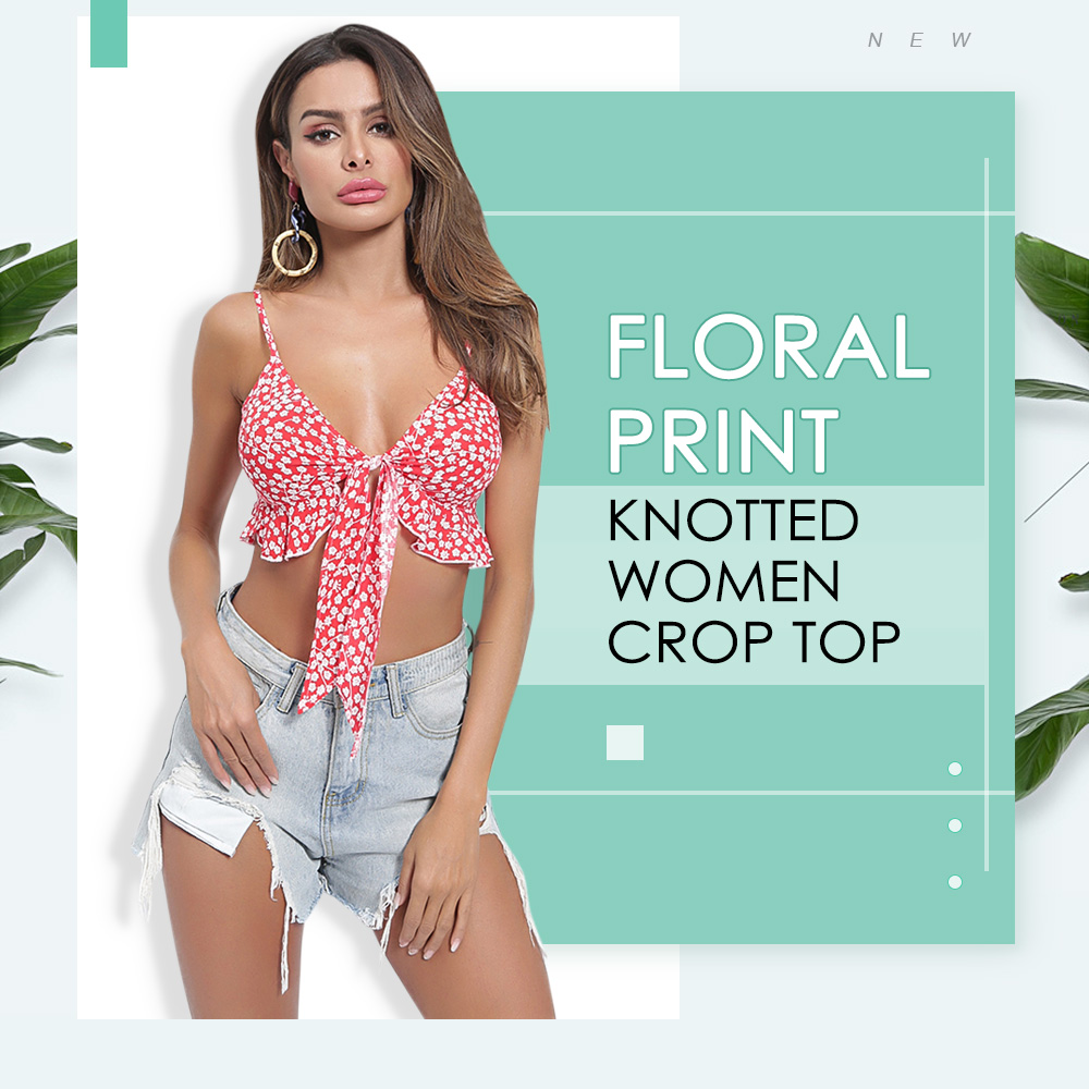 Sexy Spaghetti Strap Floral Print Ruffled Knotted Women Crop Top