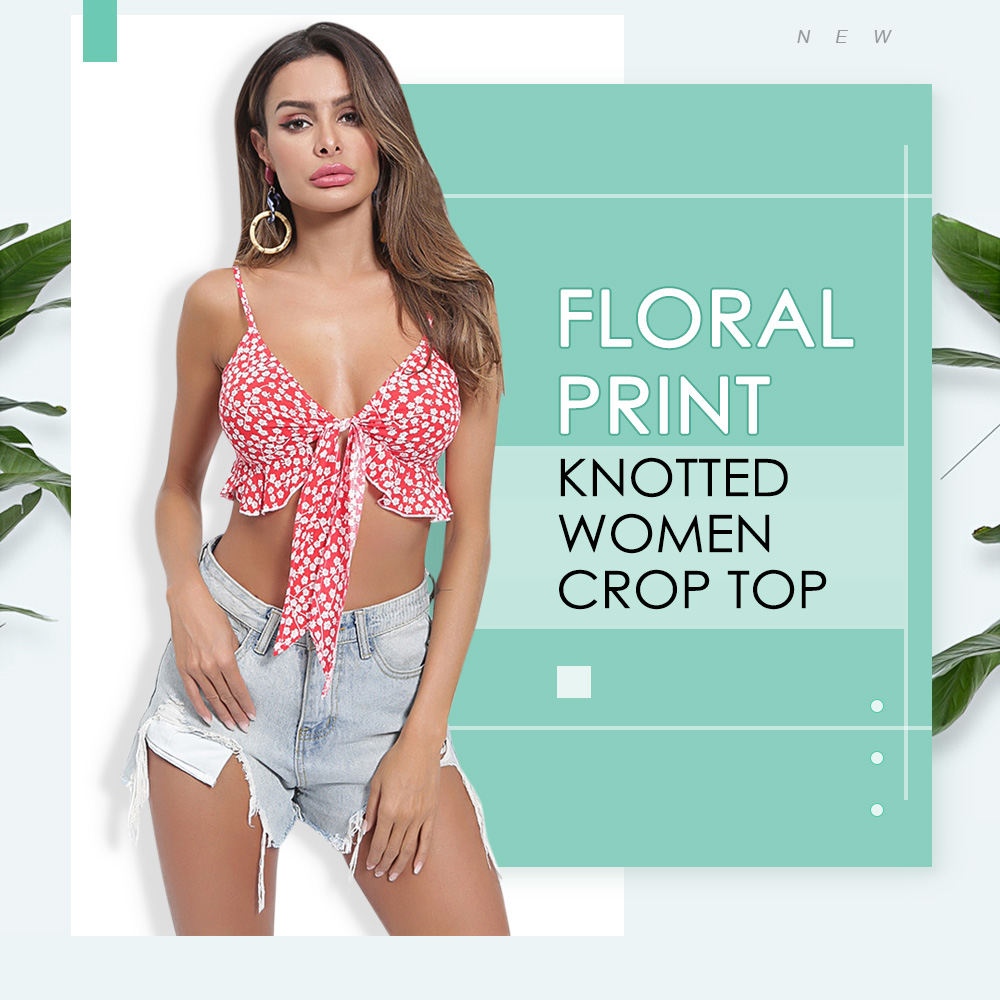 Sexy Spaghetti Strap Floral Print Ruffled Knotted Women Crop Top