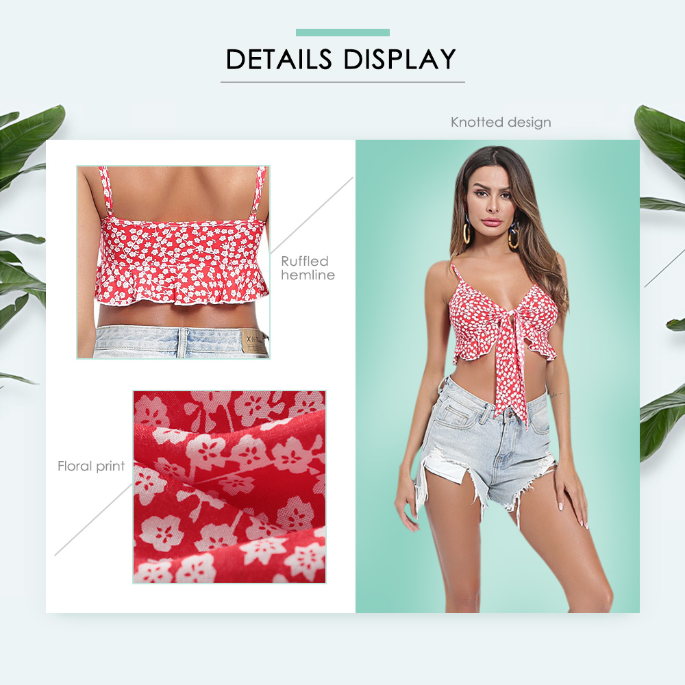 Sexy Spaghetti Strap Floral Print Ruffled Knotted Women Crop Top