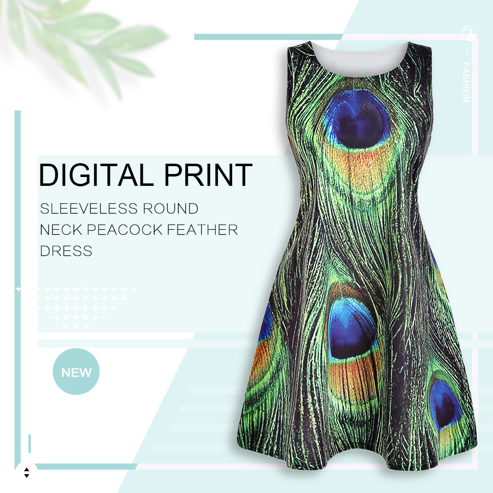 Digital Print Sleeveless Round Neck Peacock Feather Dress