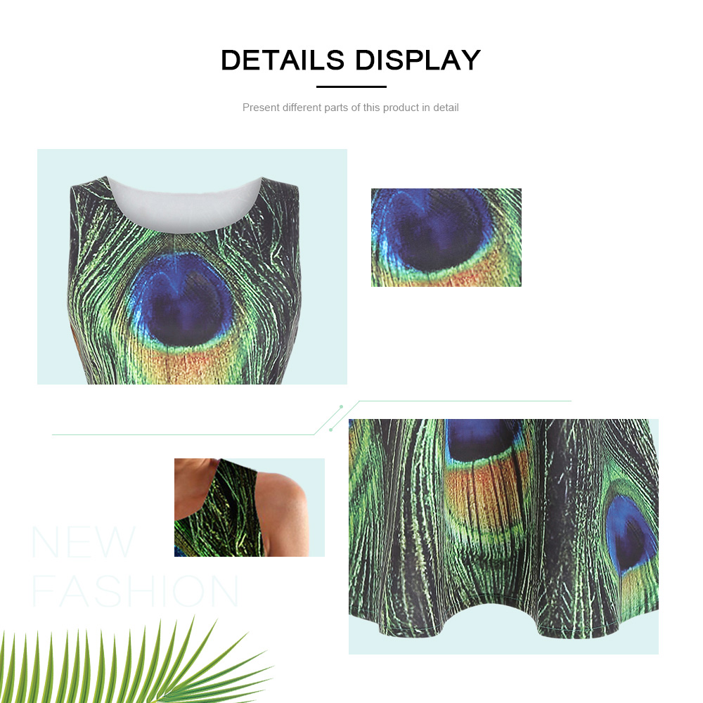 Digital Print Sleeveless Round Neck Peacock Feather Dress