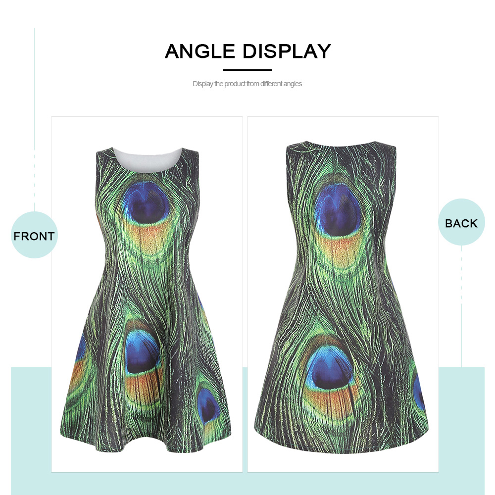 Digital Print Sleeveless Round Neck Peacock Feather Dress